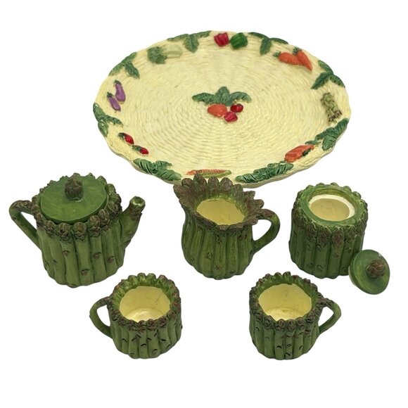 Vtg 90s Miniature Resin Asparagus Tea Set w/ Plate Mini Garden Cottage Dollhouse - Picture 5 of 12
